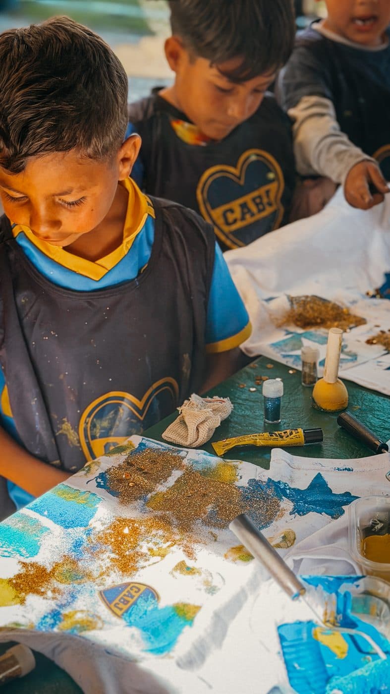 Dos chicos concentrados pintando sus camisetas sobre la mesa del taller