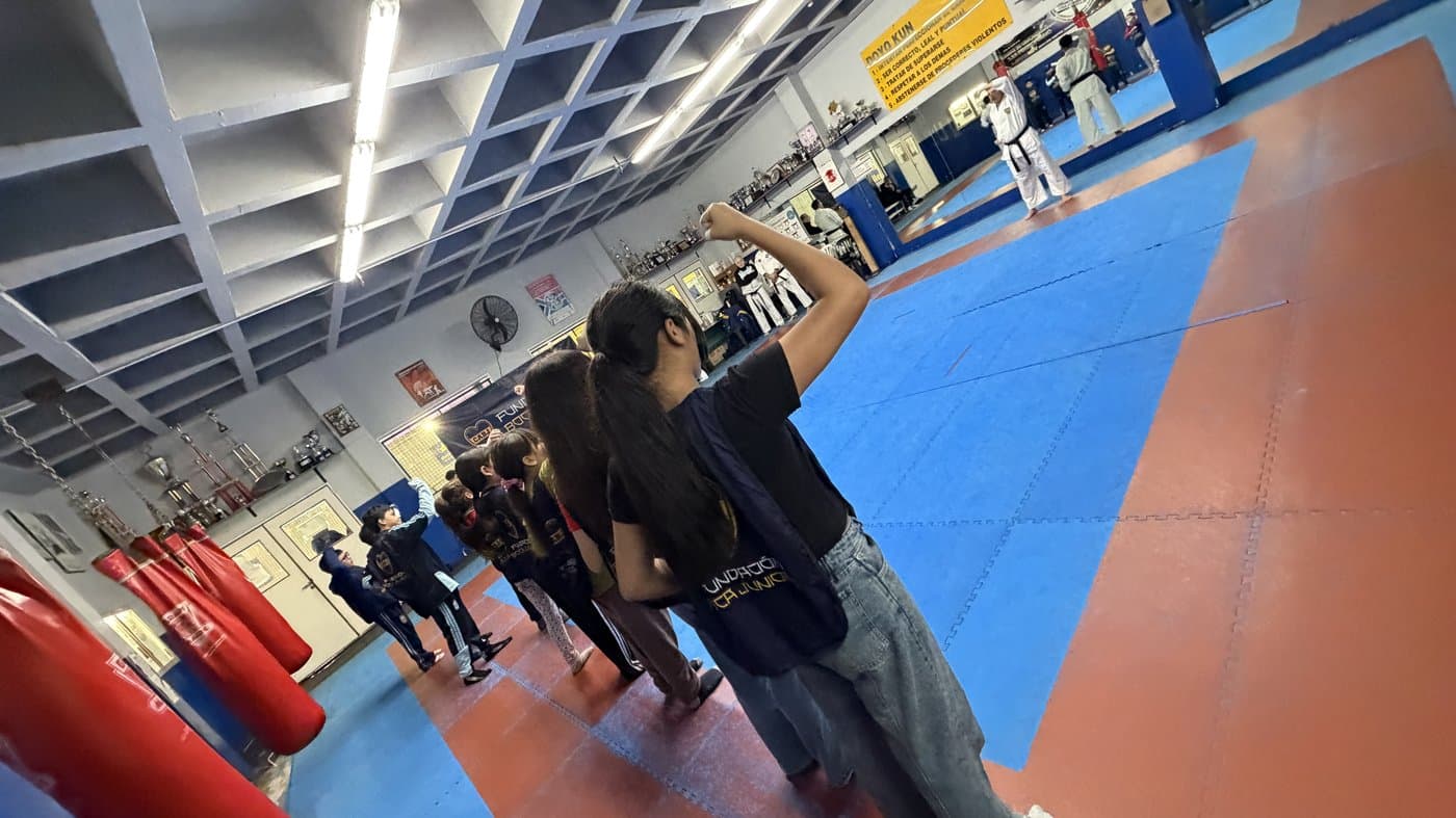 Los participantes practican un golpe de puño de pie sobre el tatami